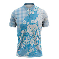 Blue Palaka Hawaiian And Japanese Zipper Polo Shirt Maneki Neko And Sakura Bloom