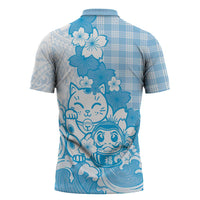 Blue Palaka Hawaiian And Japanese Zipper Polo Shirt Maneki Neko And Sakura Bloom
