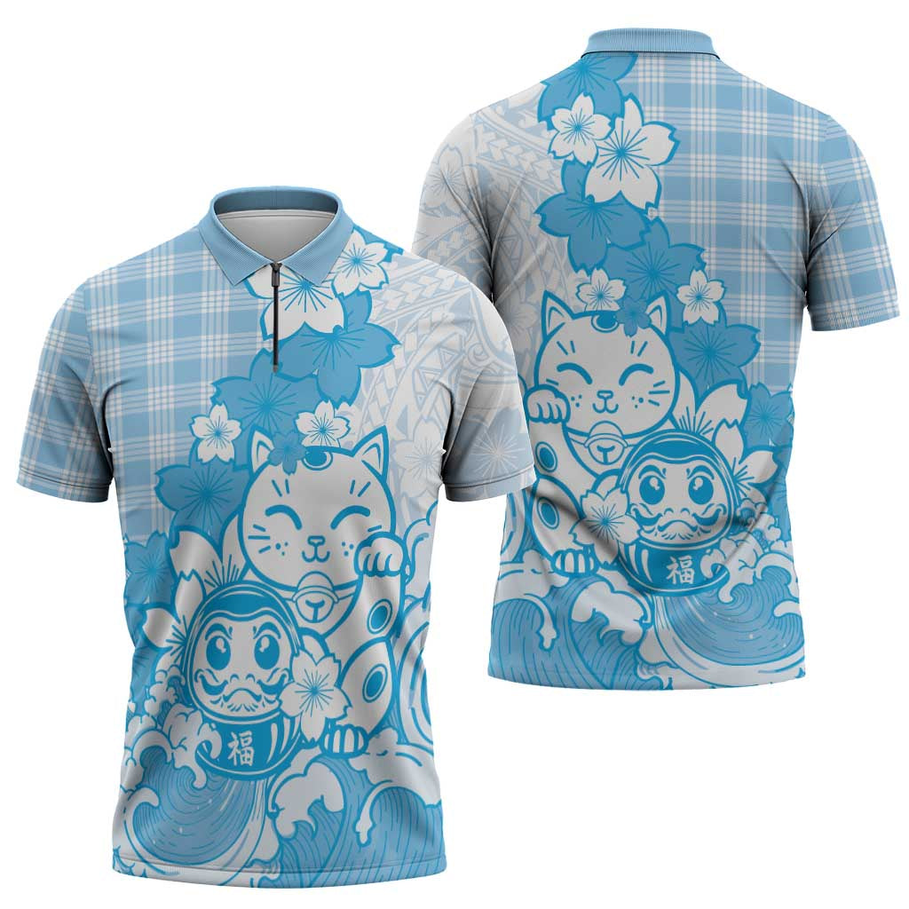 Blue Palaka Hawaiian And Japanese Zipper Polo Shirt Maneki Neko And Sakura Bloom