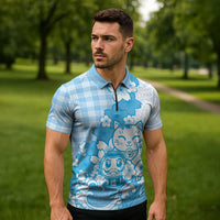 Blue Palaka Hawaiian And Japanese Zipper Polo Shirt Maneki Neko And Sakura Bloom