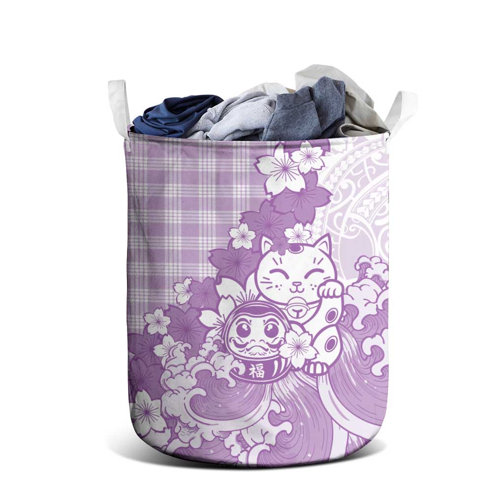 Purple Palaka Hawaiian And Japanese Laundry Basket Maneki Neko And Sakura Bloom DT05 - Polynesian Pride
