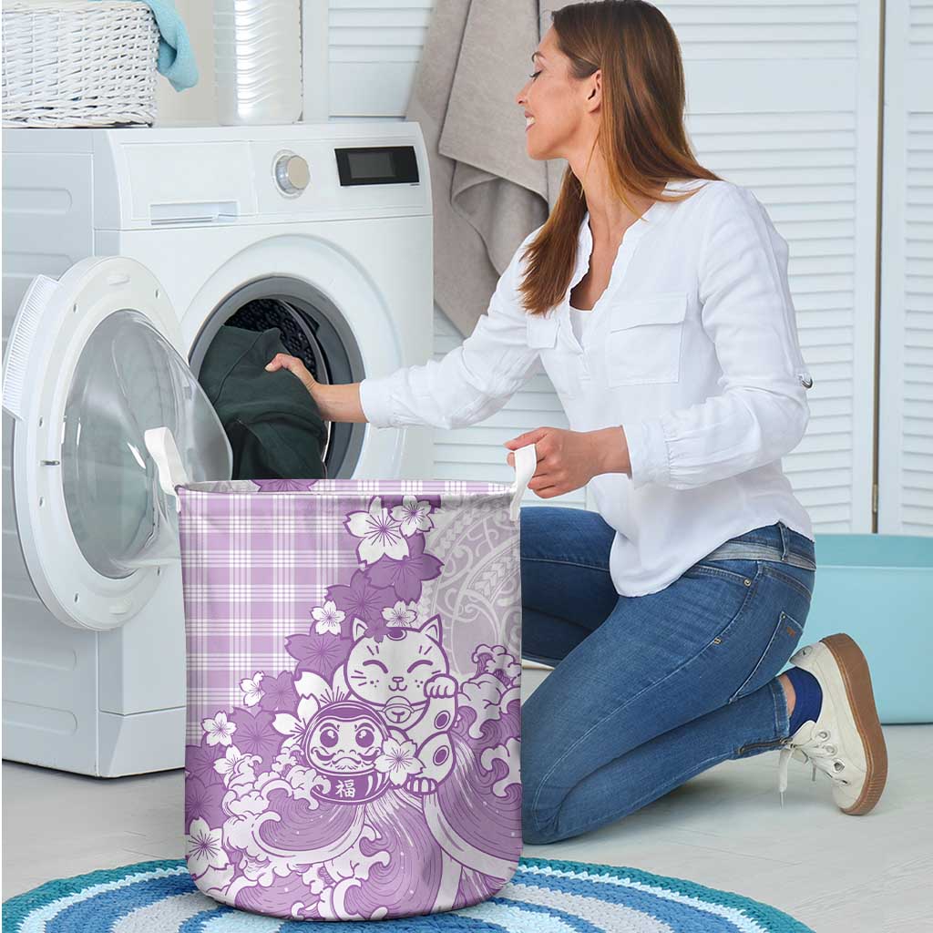 Purple Palaka Hawaiian And Japanese Laundry Basket Maneki Neko And Sakura Bloom DT05 - Polynesian Pride