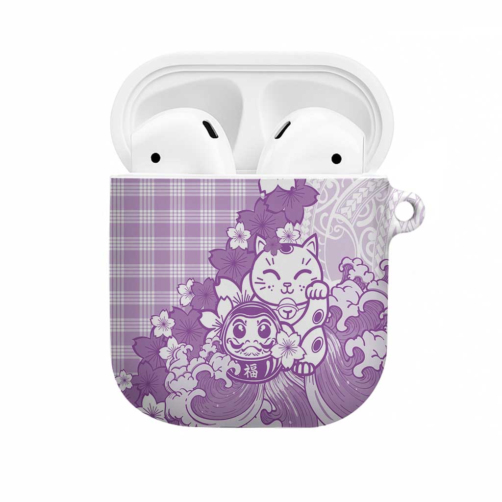 Purple Palaka Hawaiian And Japanese AirPods Case Maneki Neko And Sakura Bloom