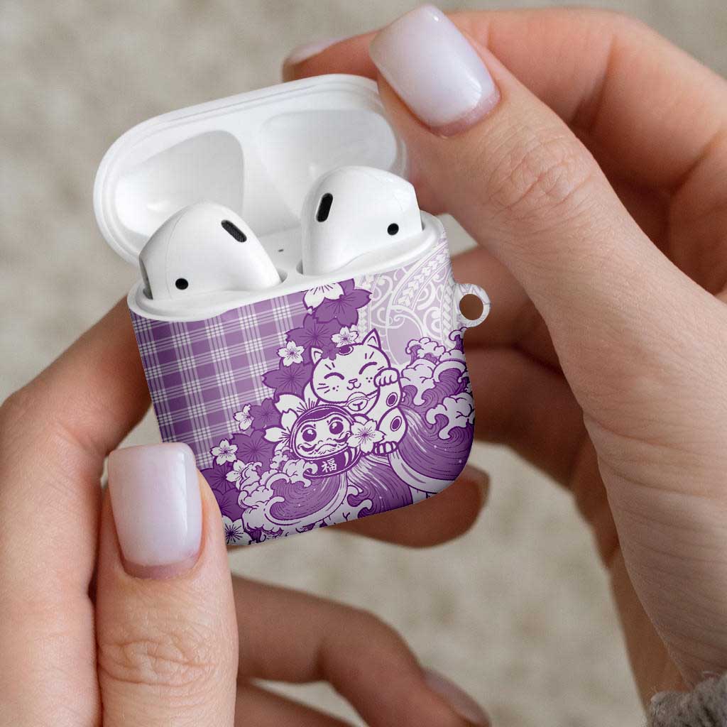Purple Palaka Hawaiian And Japanese AirPods Case Maneki Neko And Sakura Bloom