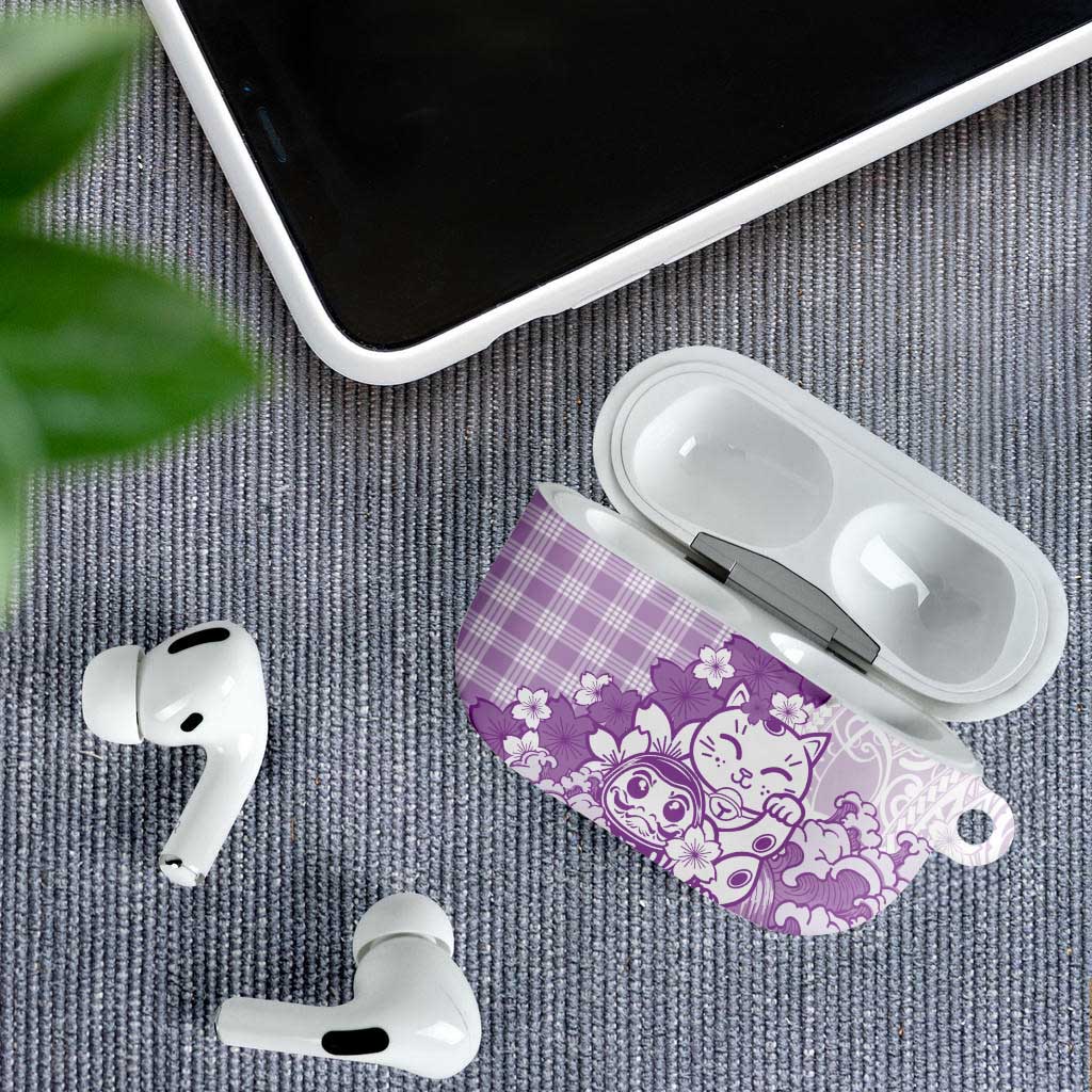 Purple Palaka Hawaiian And Japanese AirPods Case Maneki Neko And Sakura Bloom