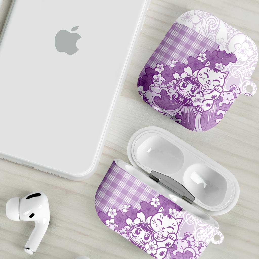 Purple Palaka Hawaiian And Japanese AirPods Case Maneki Neko And Sakura Bloom
