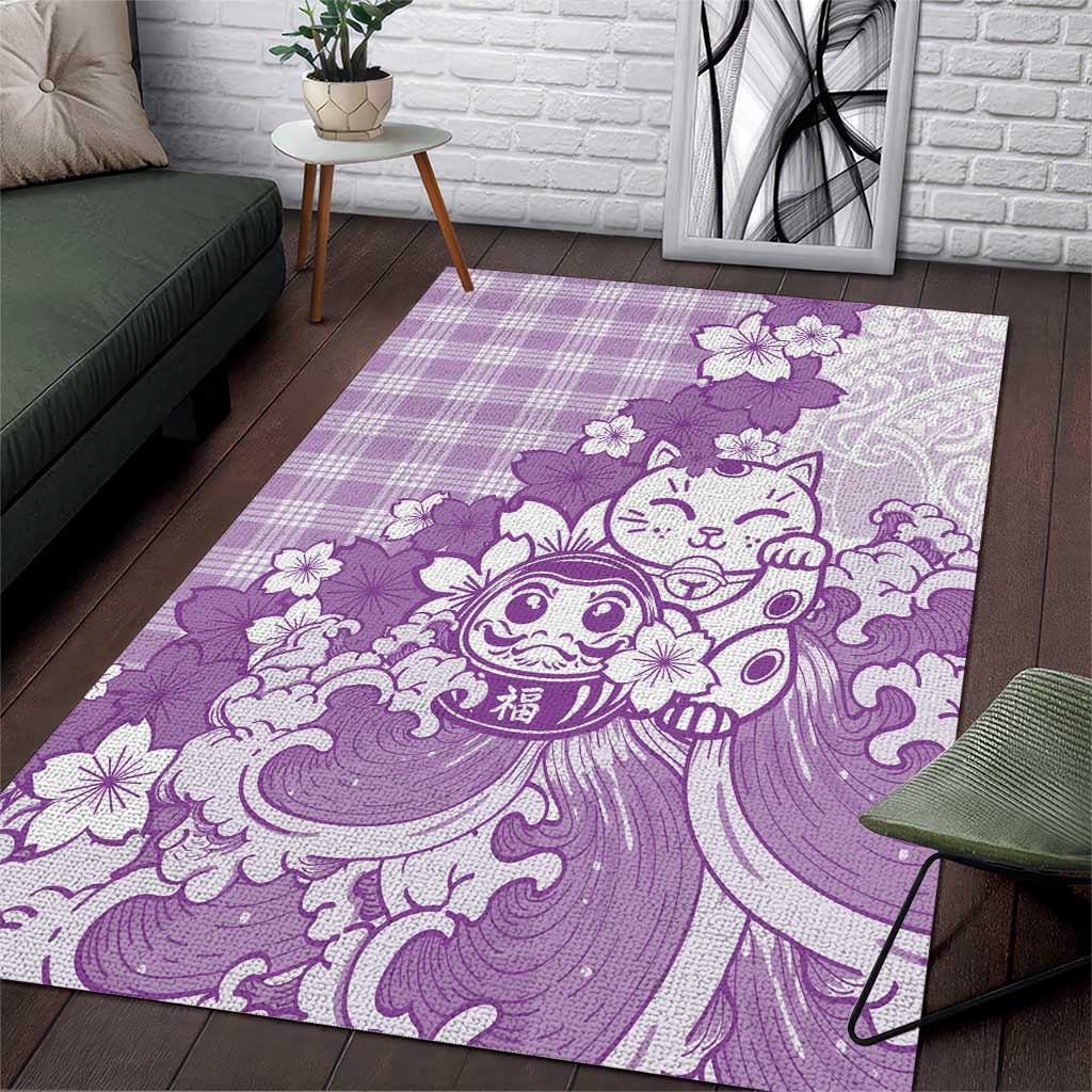 Purple Palaka Hawaiian And Japanese Area Rug Maneki Neko And Sakura Bloom DT05 Purple - Polynesian Pride