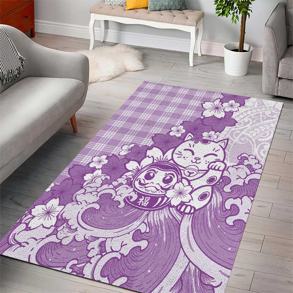 Purple Palaka Hawaiian And Japanese Area Rug Maneki Neko And Sakura Bloom DT05 - Polynesian Pride