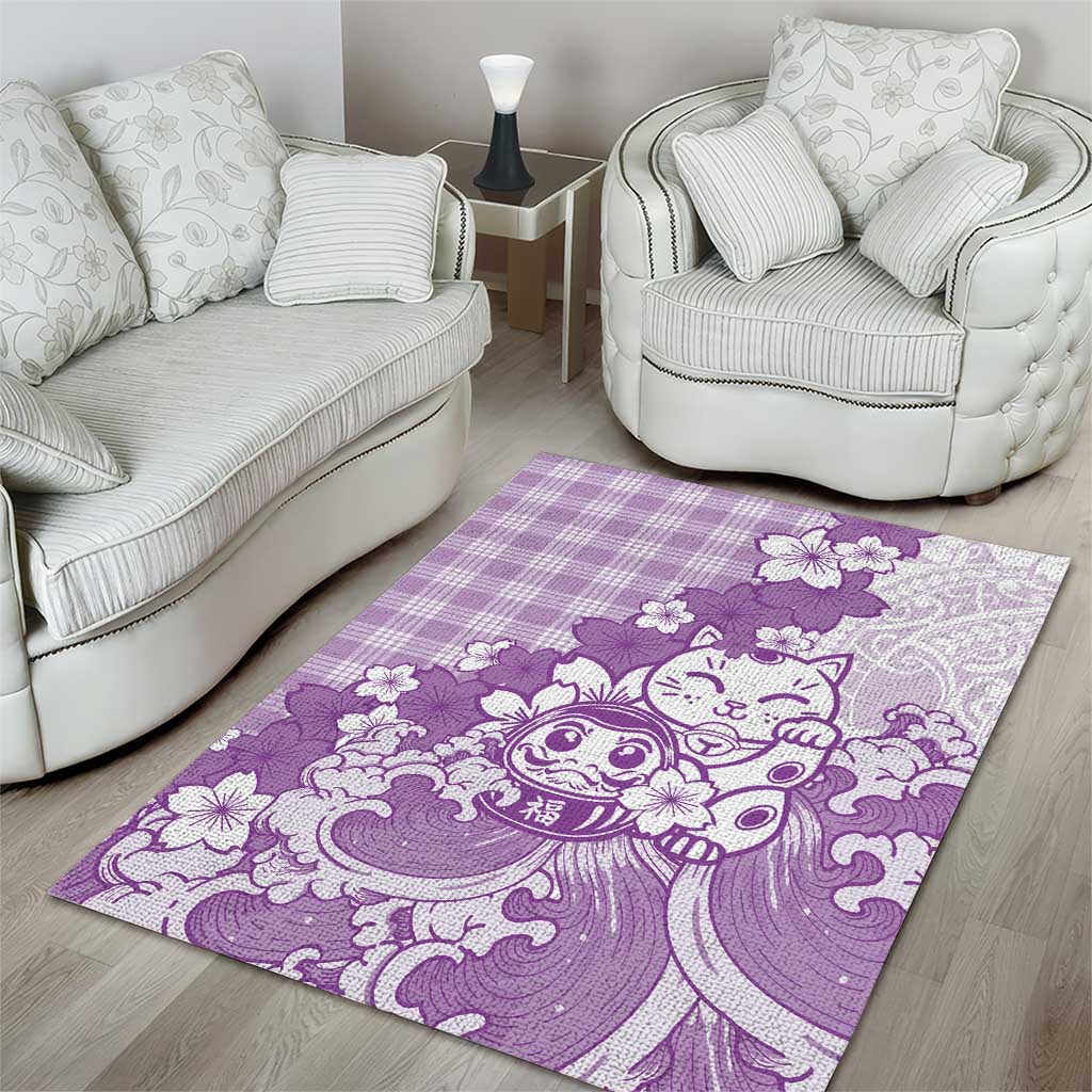 Purple Palaka Hawaiian And Japanese Area Rug Maneki Neko And Sakura Bloom DT05 - Polynesian Pride