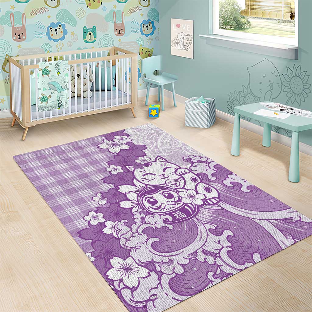 Purple Palaka Hawaiian And Japanese Area Rug Maneki Neko And Sakura Bloom DT05 - Polynesian Pride