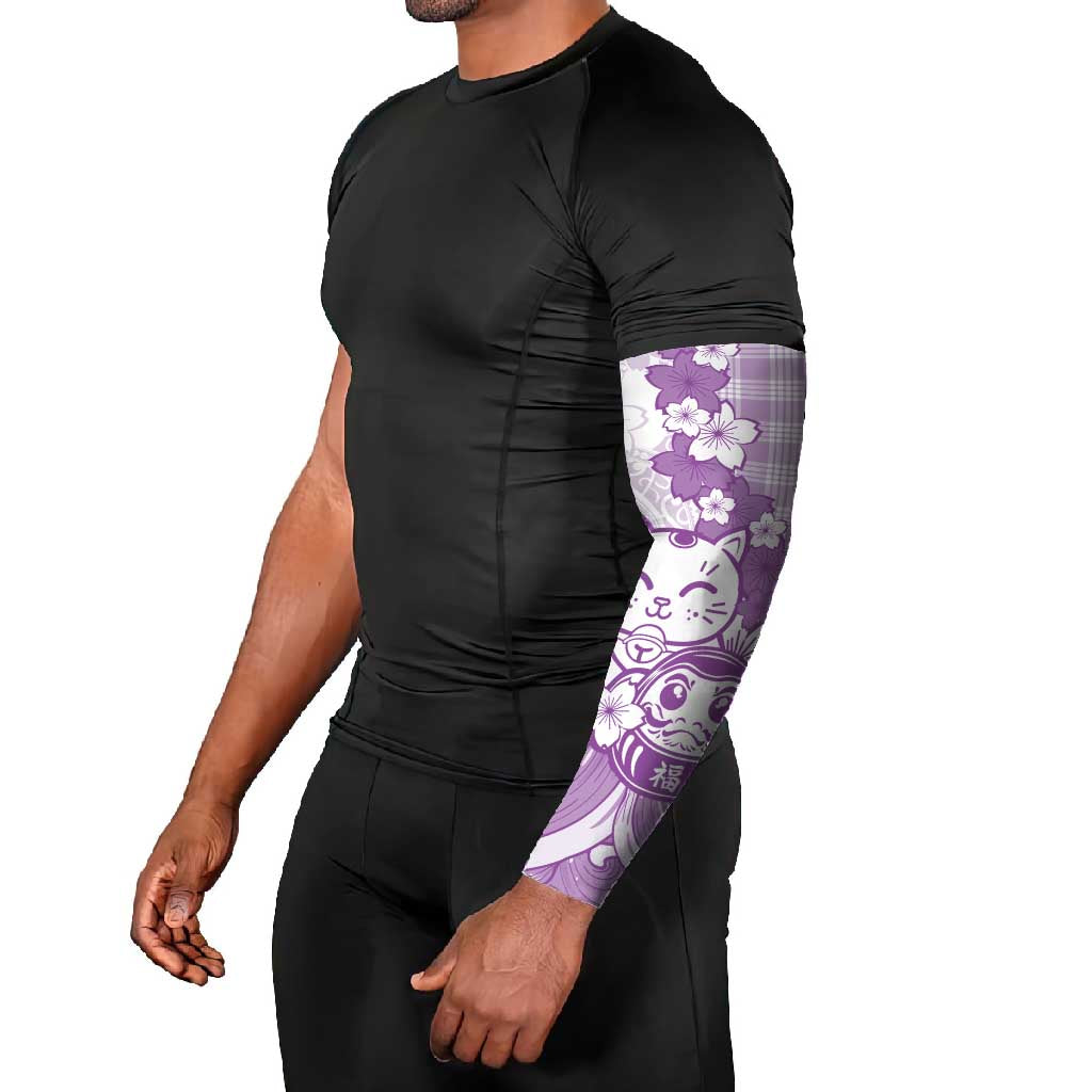 Purple Palaka Hawaiian And Japanese Arm Sleeves Maneki Neko And Sakura Bloom DT05 - Polynesian Pride