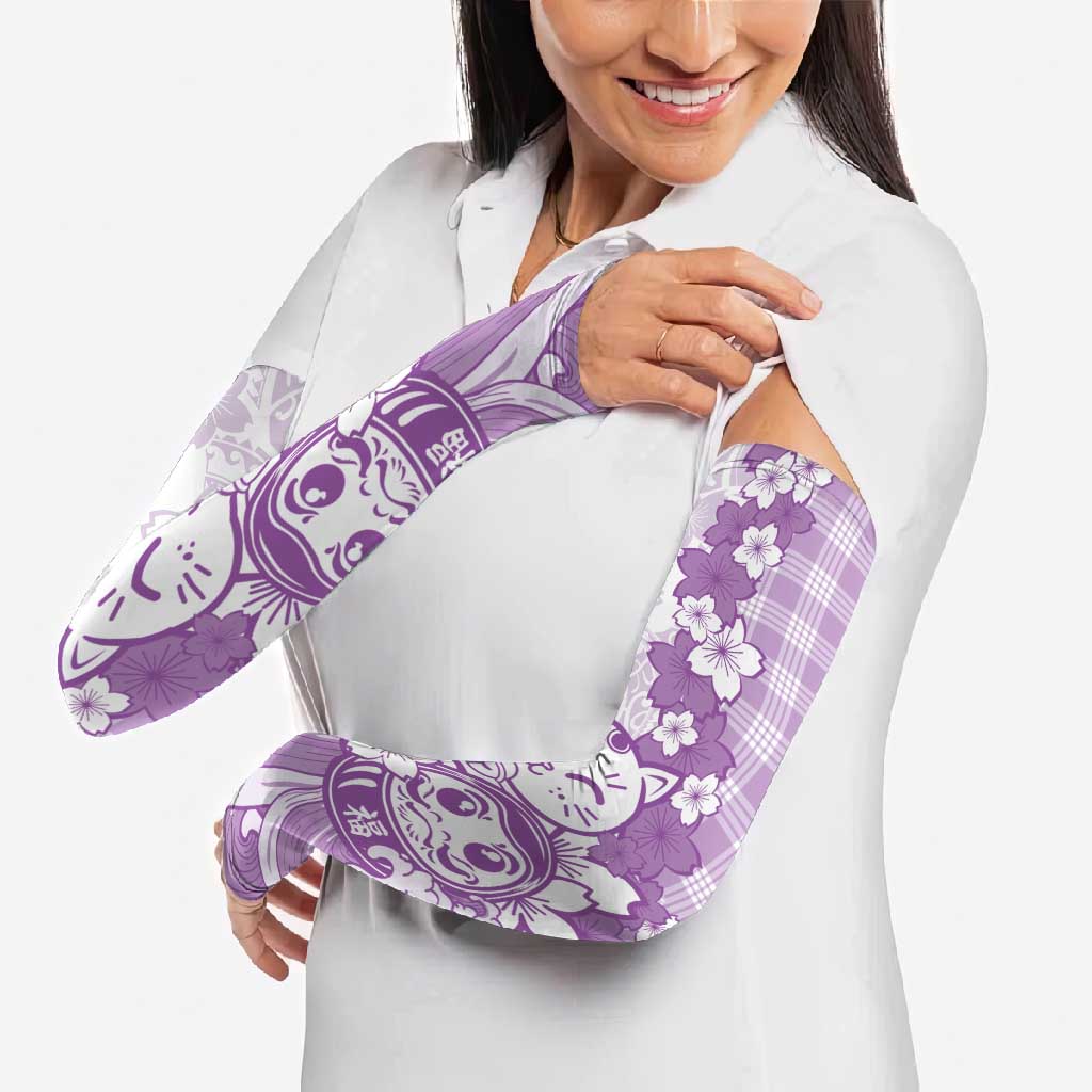 Purple Palaka Hawaiian And Japanese Arm Sleeves Maneki Neko And Sakura Bloom DT05 - Polynesian Pride