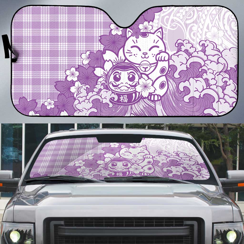 Purple Palaka Hawaiian And Japanese Auto Sun Shade Maneki Neko And Sakura Bloom DT05 Purple - Polynesian Pride