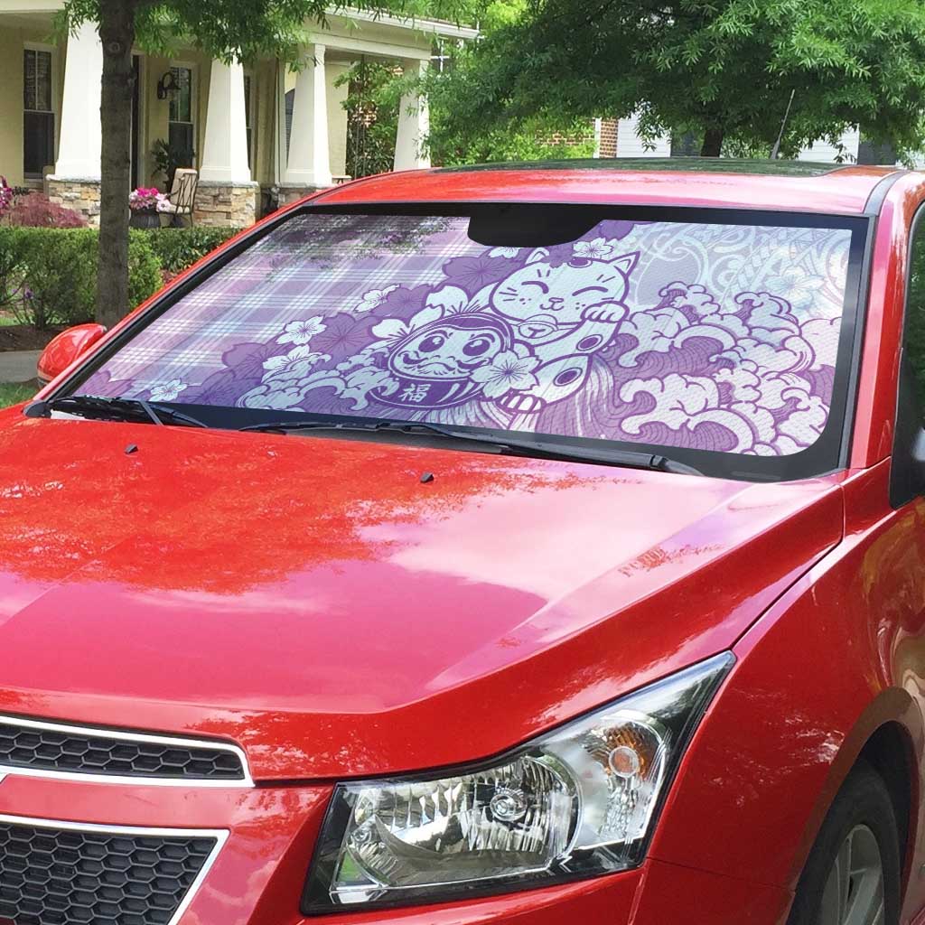 Purple Palaka Hawaiian And Japanese Auto Sun Shade Maneki Neko And Sakura Bloom DT05 - Polynesian Pride