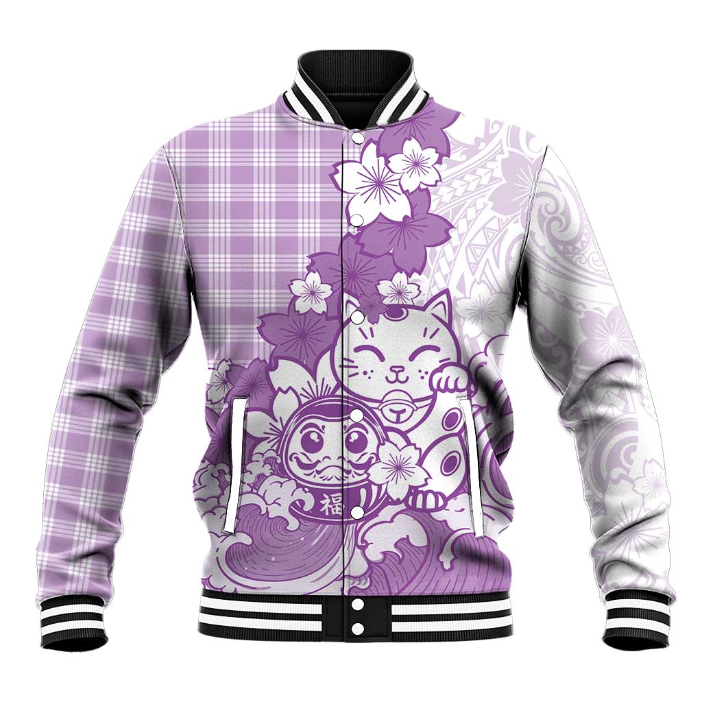 Purple Palaka Hawaiian And Japanese Baseball Jacket Maneki Neko And Sakura Bloom DT05 Unisex Purple - Polynesian Pride