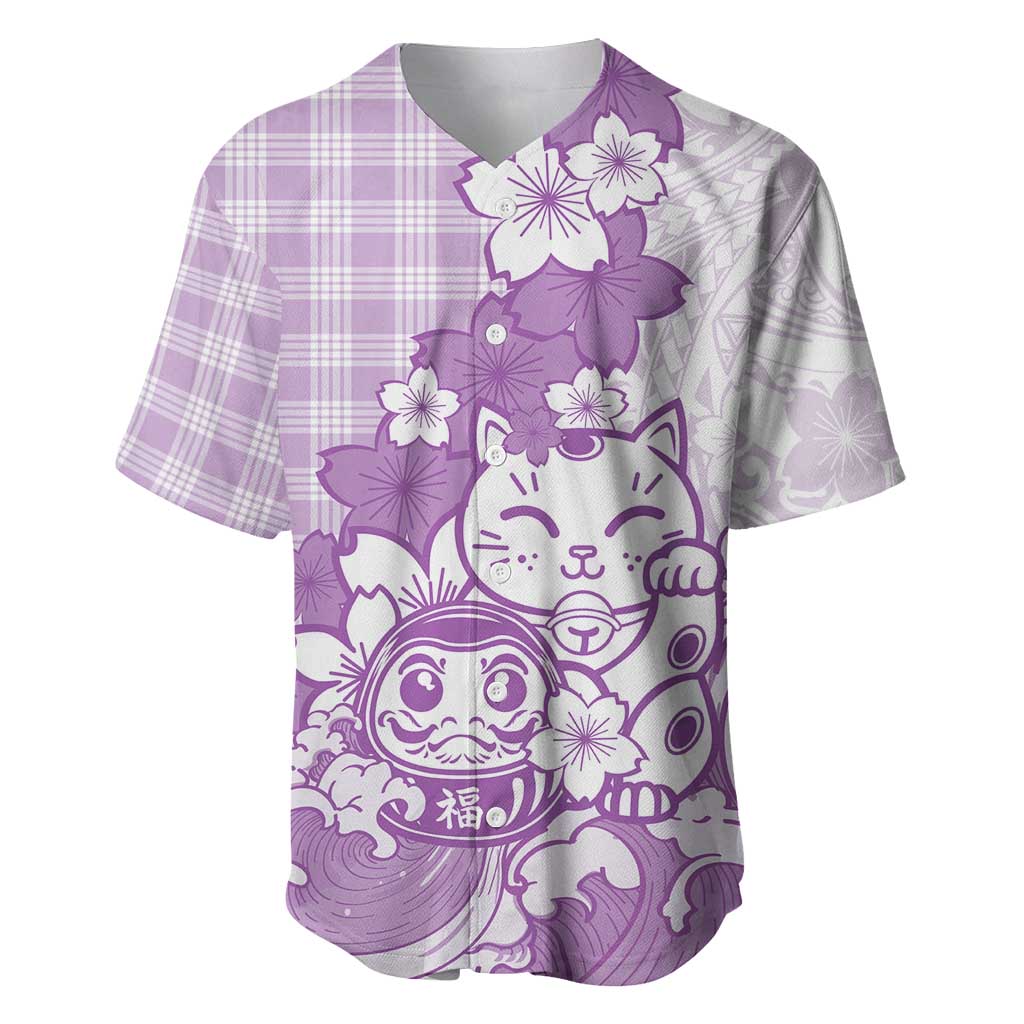 Purple Palaka Hawaiian And Japanese Baseball Jersey Maneki Neko And Sakura Bloom DT05 Purple - Polynesian Pride