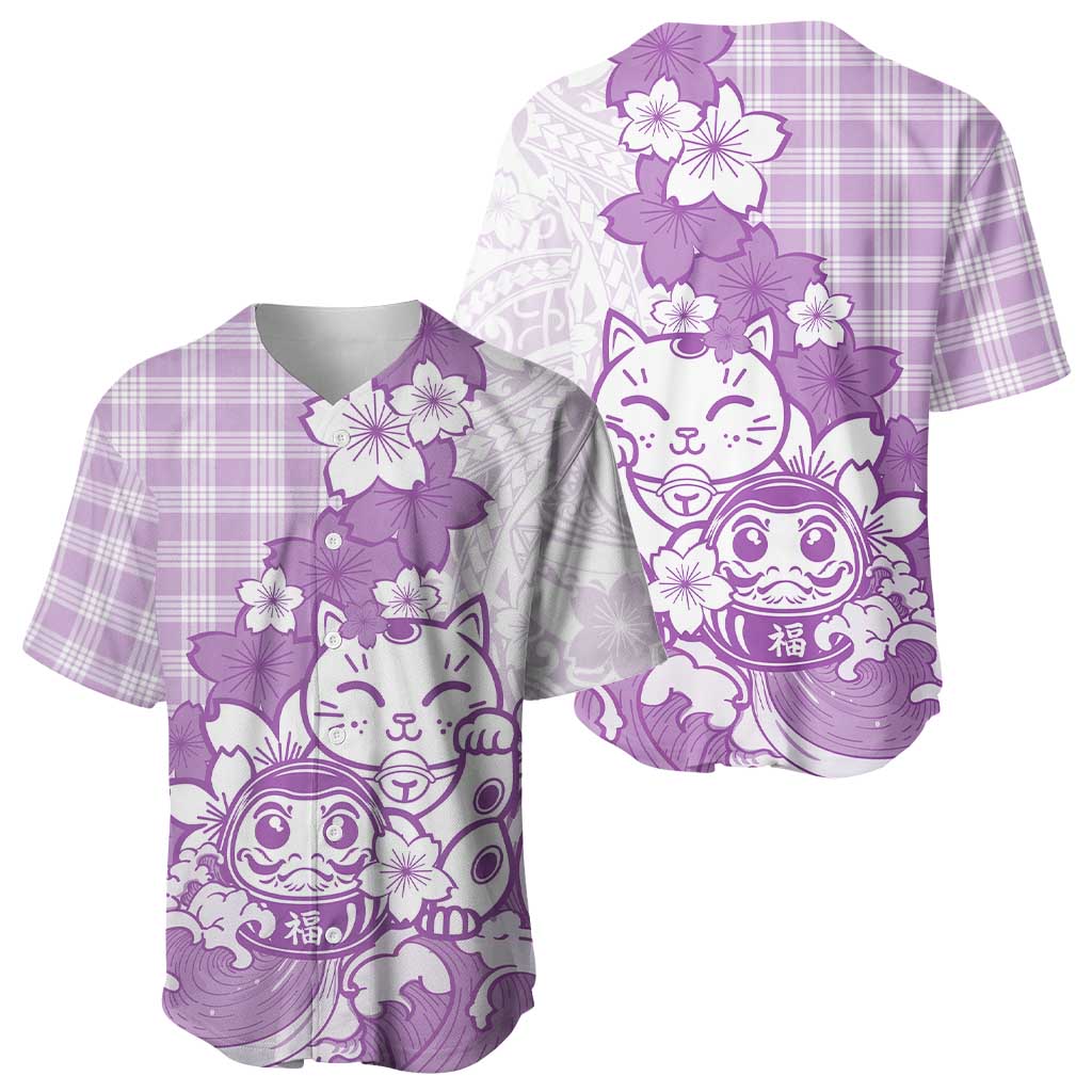 Purple Palaka Hawaiian And Japanese Baseball Jersey Maneki Neko And Sakura Bloom DT05 - Polynesian Pride
