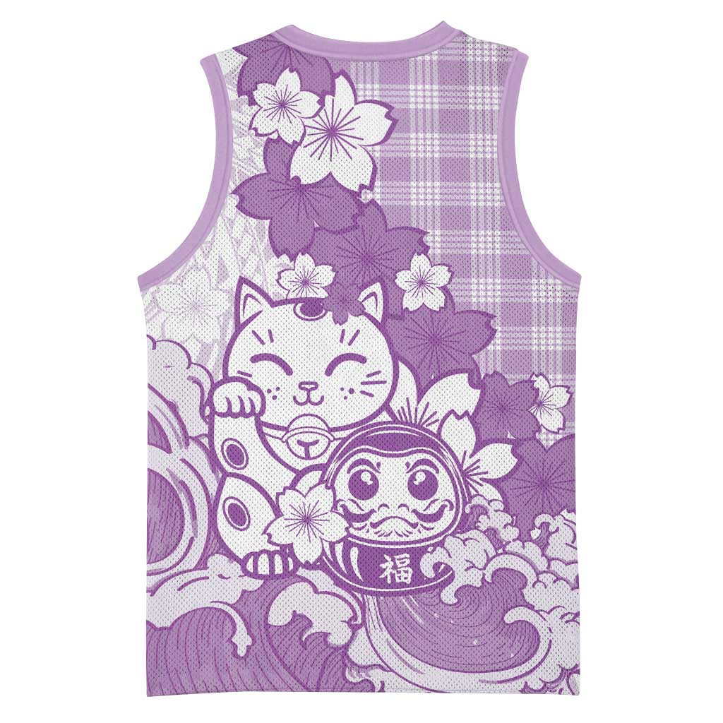 Purple Palaka Hawaiian And Japanese Basketball Jersey Maneki Neko And Sakura Bloom DT05 - Polynesian Pride