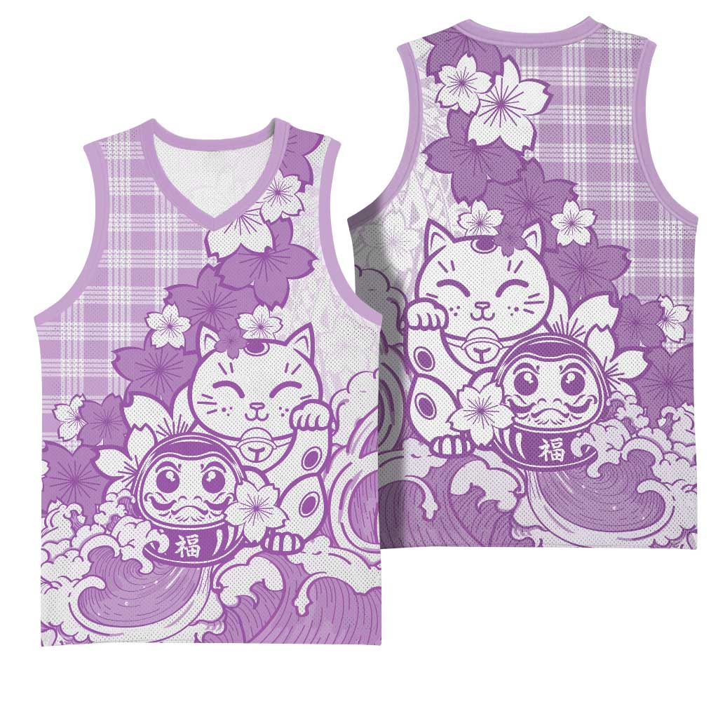 Purple Palaka Hawaiian And Japanese Basketball Jersey Maneki Neko And Sakura Bloom DT05 - Polynesian Pride