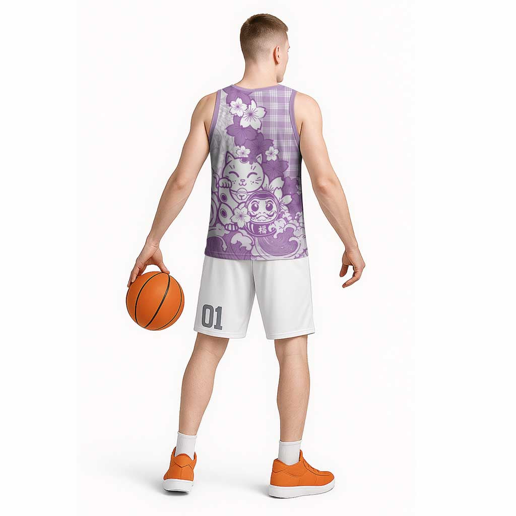Purple Palaka Hawaiian And Japanese Basketball Jersey Maneki Neko And Sakura Bloom DT05 - Polynesian Pride
