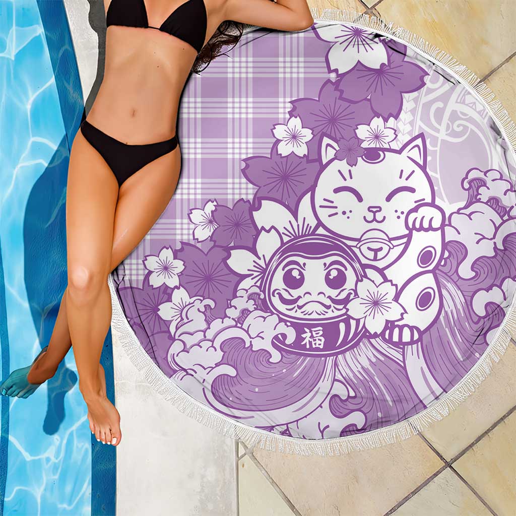 Purple Palaka Hawaiian And Japanese Beach Blanket Maneki Neko And Sakura Bloom DT05 - Polynesian Pride