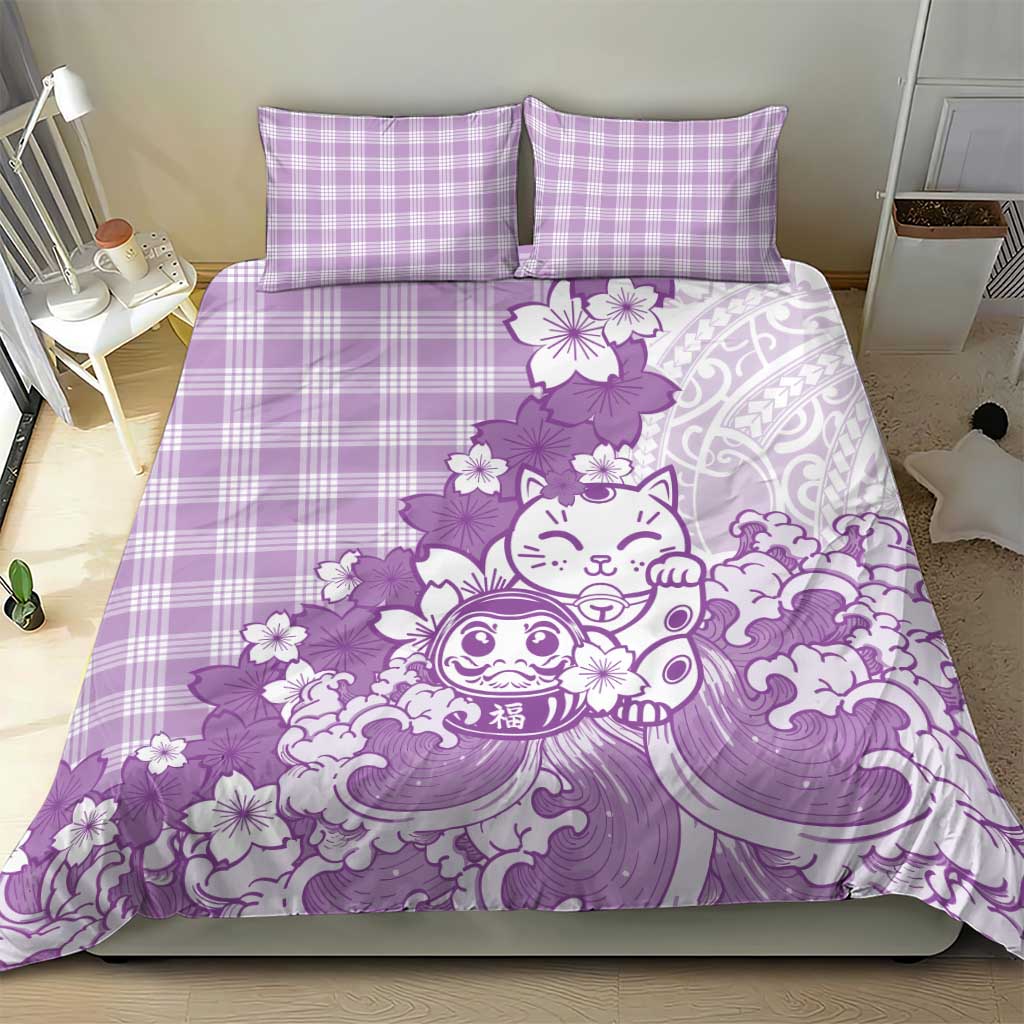 Purple Palaka Hawaiian And Japanese Bedding Set Maneki Neko And Sakura Bloom DT05 - Polynesian Pride