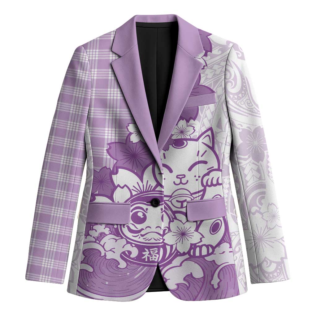 Purple Palaka Hawaiian And Japanese Blazer Maneki Neko And Sakura Bloom DT05 Unisex Purple - Polynesian Pride