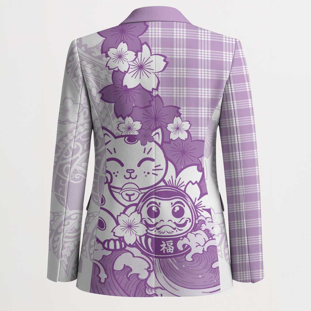 Purple Palaka Hawaiian And Japanese Blazer Maneki Neko And Sakura Bloom DT05 - Polynesian Pride