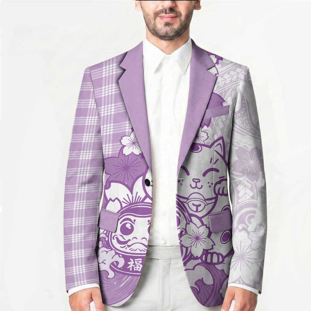 Purple Palaka Hawaiian And Japanese Blazer Maneki Neko And Sakura Bloom DT05 - Polynesian Pride