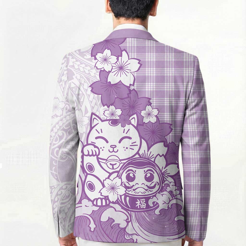 Purple Palaka Hawaiian And Japanese Blazer Maneki Neko And Sakura Bloom DT05 - Polynesian Pride