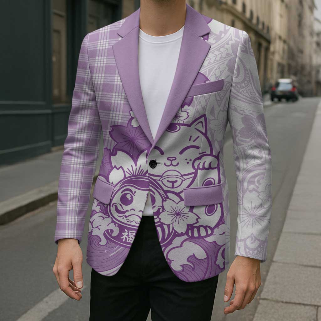 Purple Palaka Hawaiian And Japanese Blazer Maneki Neko And Sakura Bloom DT05 - Polynesian Pride