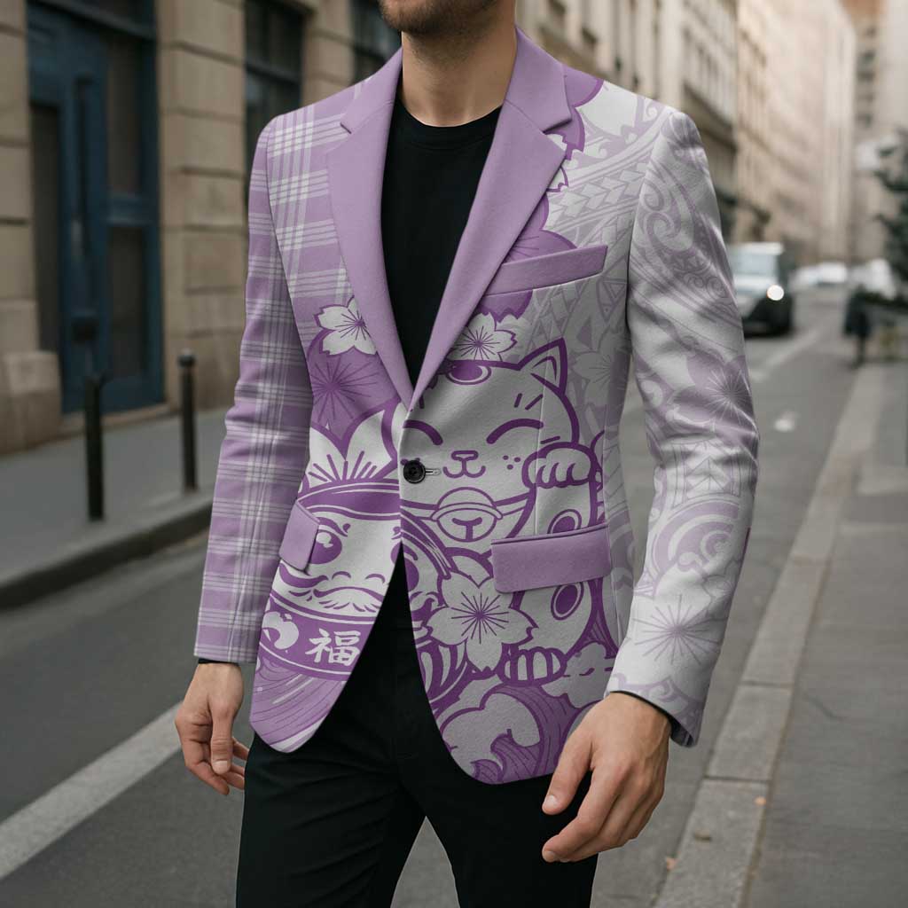 Purple Palaka Hawaiian And Japanese Blazer Maneki Neko And Sakura Bloom DT05 - Polynesian Pride