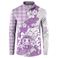 Purple Palaka Hawaiian And Japanese Button Sweatshirt Maneki Neko And Sakura Bloom DT05 Purple - Polynesian Pride