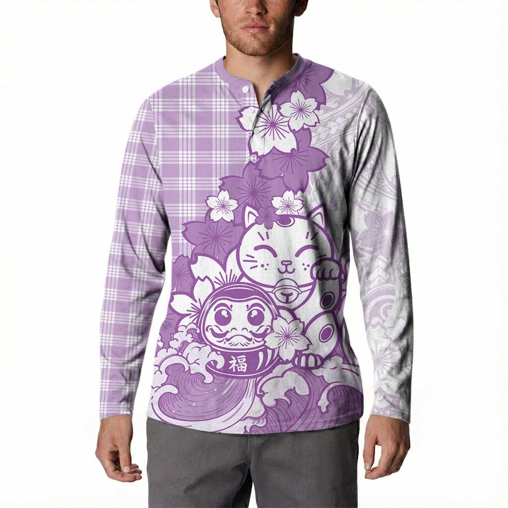 Purple Palaka Hawaiian And Japanese Button Sweatshirt Maneki Neko And Sakura Bloom DT05 - Polynesian Pride
