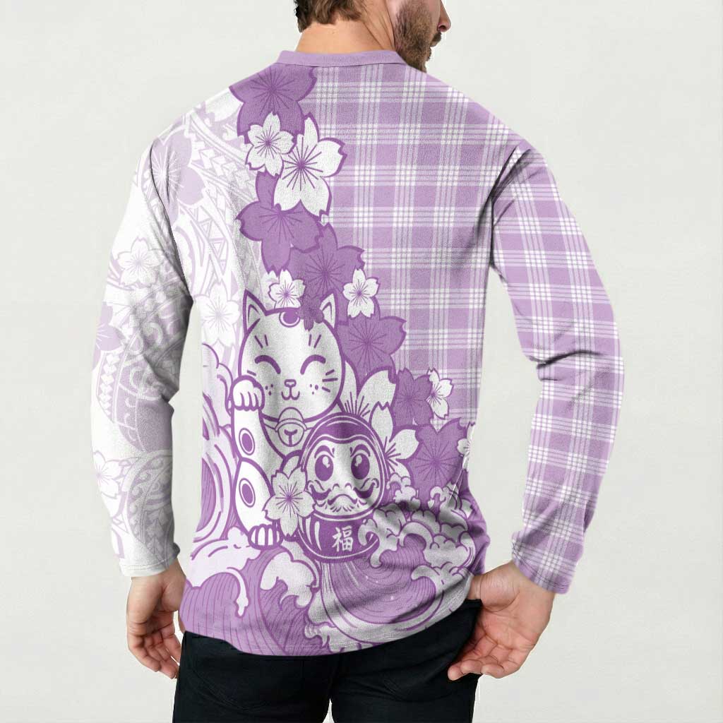 Purple Palaka Hawaiian And Japanese Button Sweatshirt Maneki Neko And Sakura Bloom DT05 - Polynesian Pride