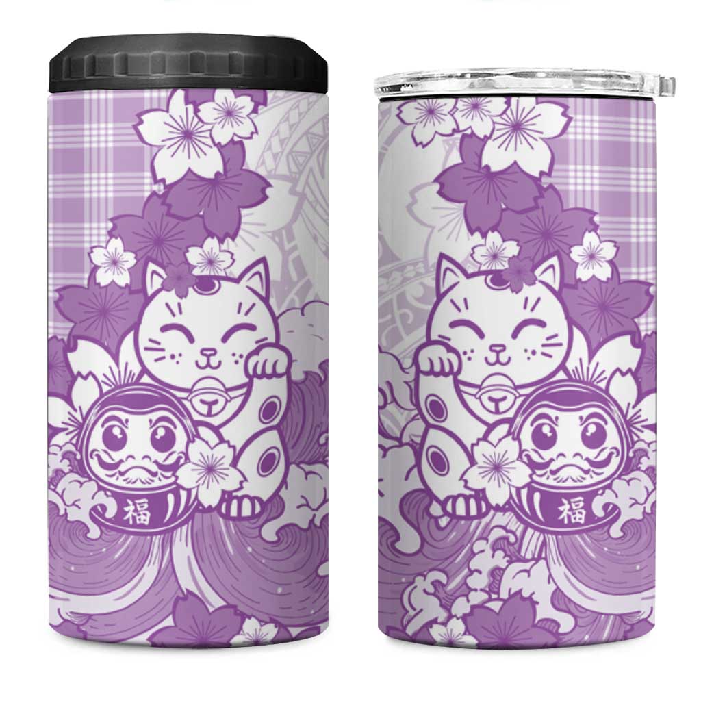 Purple Palaka Hawaiian And Japanese 4 in 1 Can Cooler Tumbler Maneki Neko And Sakura Bloom DT05 One Size: 16 oz Purple - Polynesian Pride
