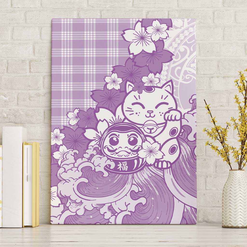 Purple Palaka Hawaiian And Japanese Canvas Wall Art Maneki Neko And Sakura Bloom DT05 Without Frame Purple - Polynesian Pride