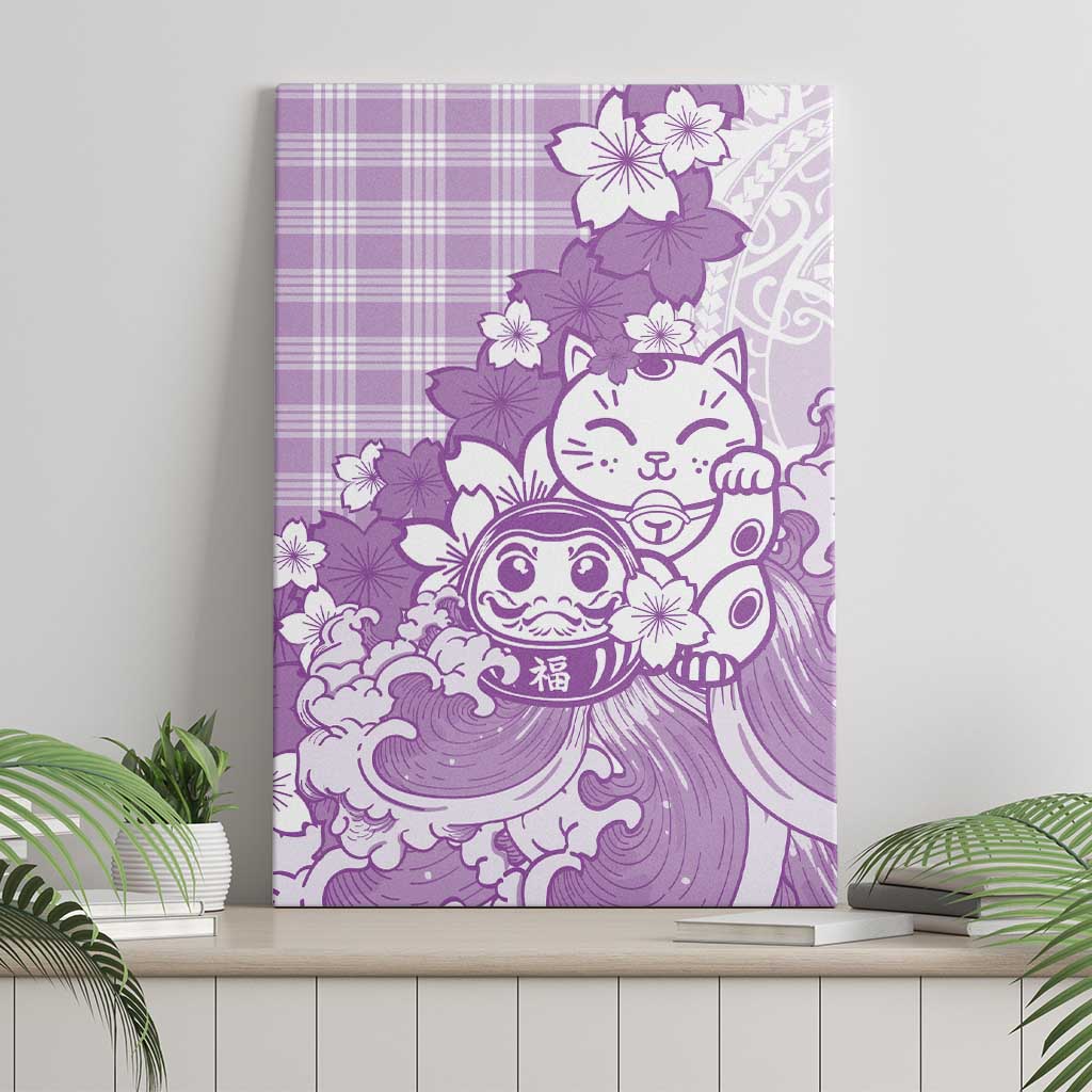 Purple Palaka Hawaiian And Japanese Canvas Wall Art Maneki Neko And Sakura Bloom DT05 - Polynesian Pride