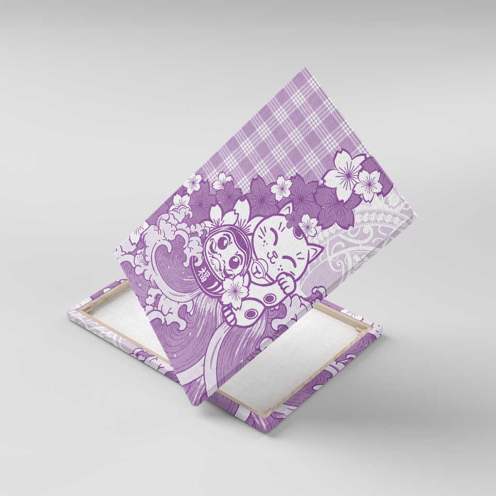 Purple Palaka Hawaiian And Japanese Canvas Wall Art Maneki Neko And Sakura Bloom DT05 With Frame Purple - Polynesian Pride