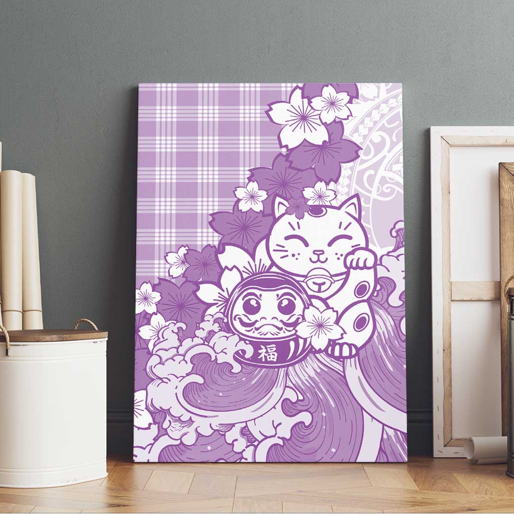 Purple Palaka Hawaiian And Japanese Canvas Wall Art Maneki Neko And Sakura Bloom DT05 - Polynesian Pride