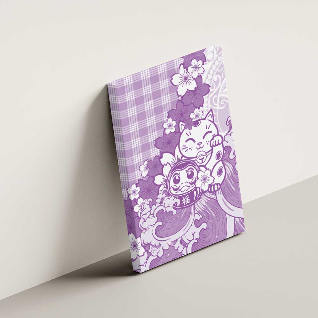 Purple Palaka Hawaiian And Japanese Canvas Wall Art Maneki Neko And Sakura Bloom DT05 - Polynesian Pride