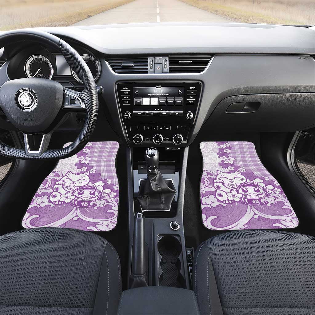 Purple Palaka Hawaiian And Japanese Car Mats Maneki Neko And Sakura Bloom DT05 Set 2pcs - Front Purple - Polynesian Pride
