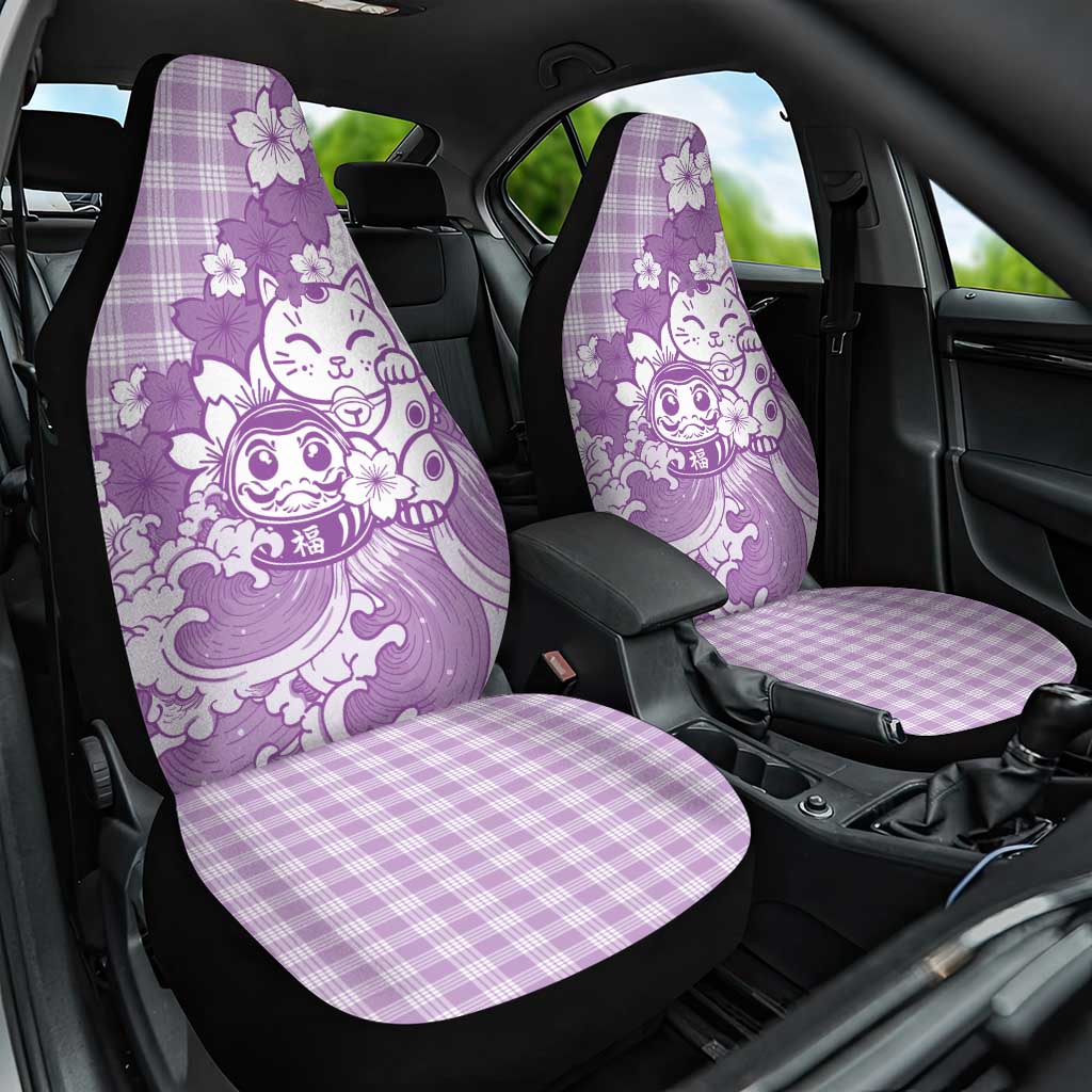 Purple Palaka Hawaiian And Japanese Car Seat Cover Maneki Neko And Sakura Bloom DT05 One Size Purple - Polynesian Pride