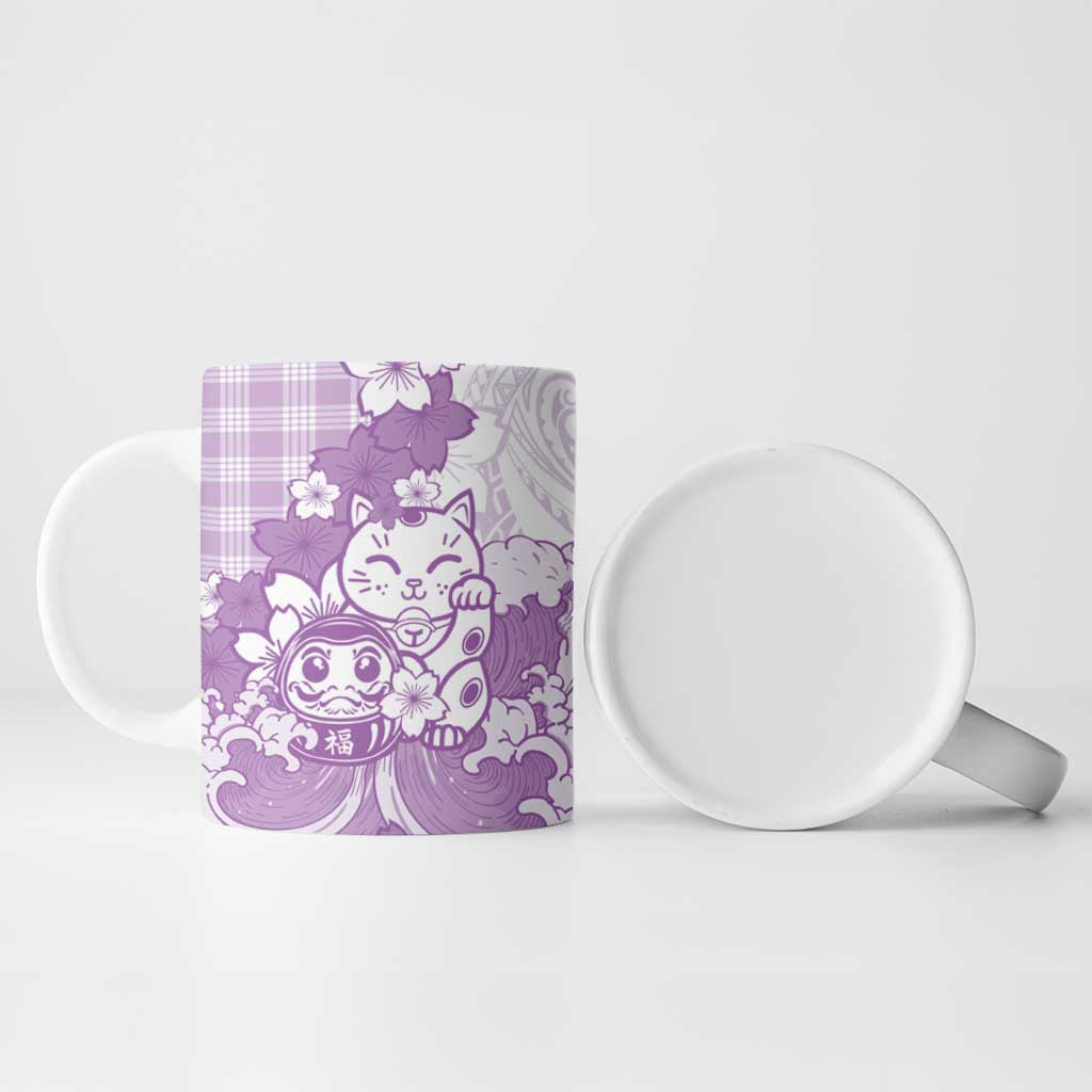 Purple Palaka Hawaiian And Japanese Ceramic Mug Maneki Neko And Sakura Bloom DT05 - Polynesian Pride