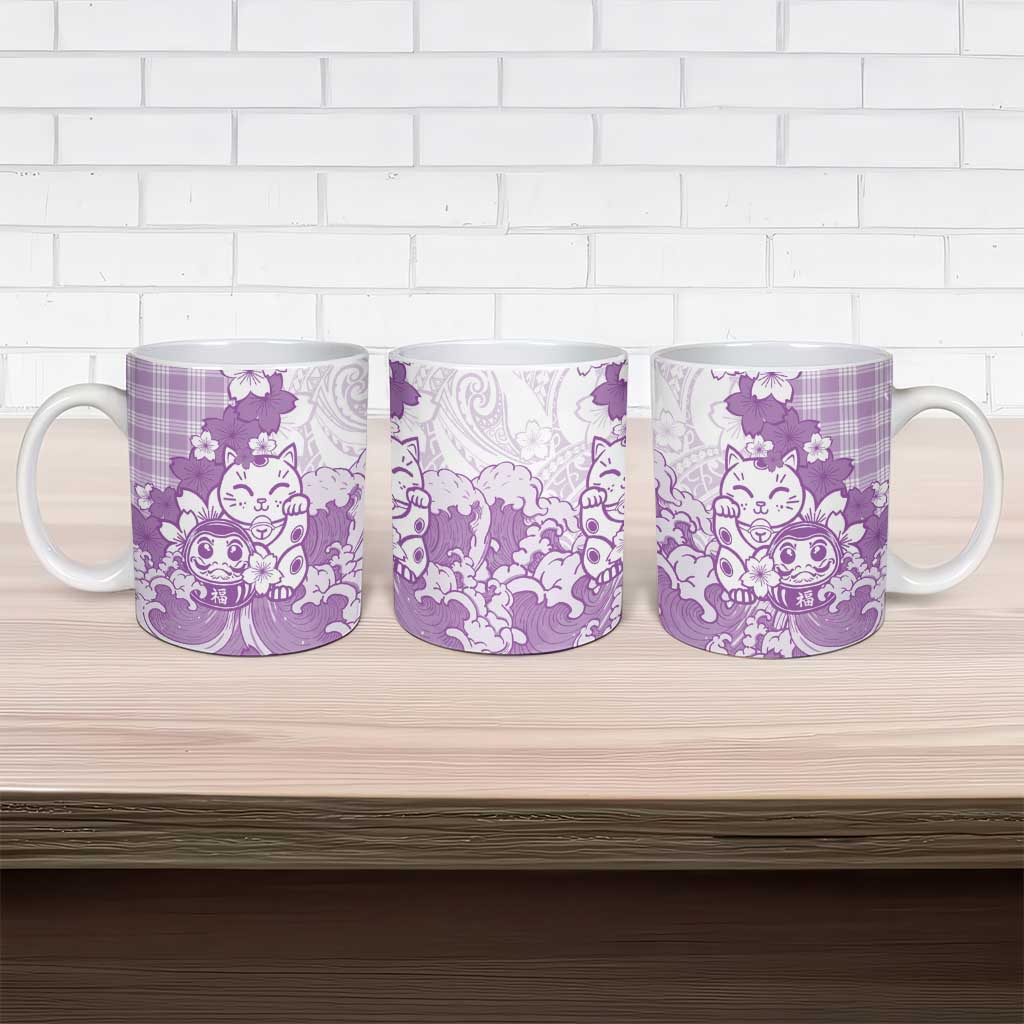 Purple Palaka Hawaiian And Japanese Ceramic Mug Maneki Neko And Sakura Bloom DT05 - Polynesian Pride