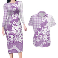 Purple Palaka Hawaiian And Japanese Couples Matching Long Sleeve Bodycon Dress and Hawaiian Shirt Maneki Neko And Sakura Bloom