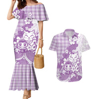Purple Palaka Hawaiian And Japanese Couples Matching Mermaid Dress and Hawaiian Shirt Maneki Neko And Sakura Bloom