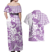 Purple Palaka Hawaiian And Japanese Couples Matching Off Shoulder Maxi Dress and Hawaiian Shirt Maneki Neko And Sakura Bloom