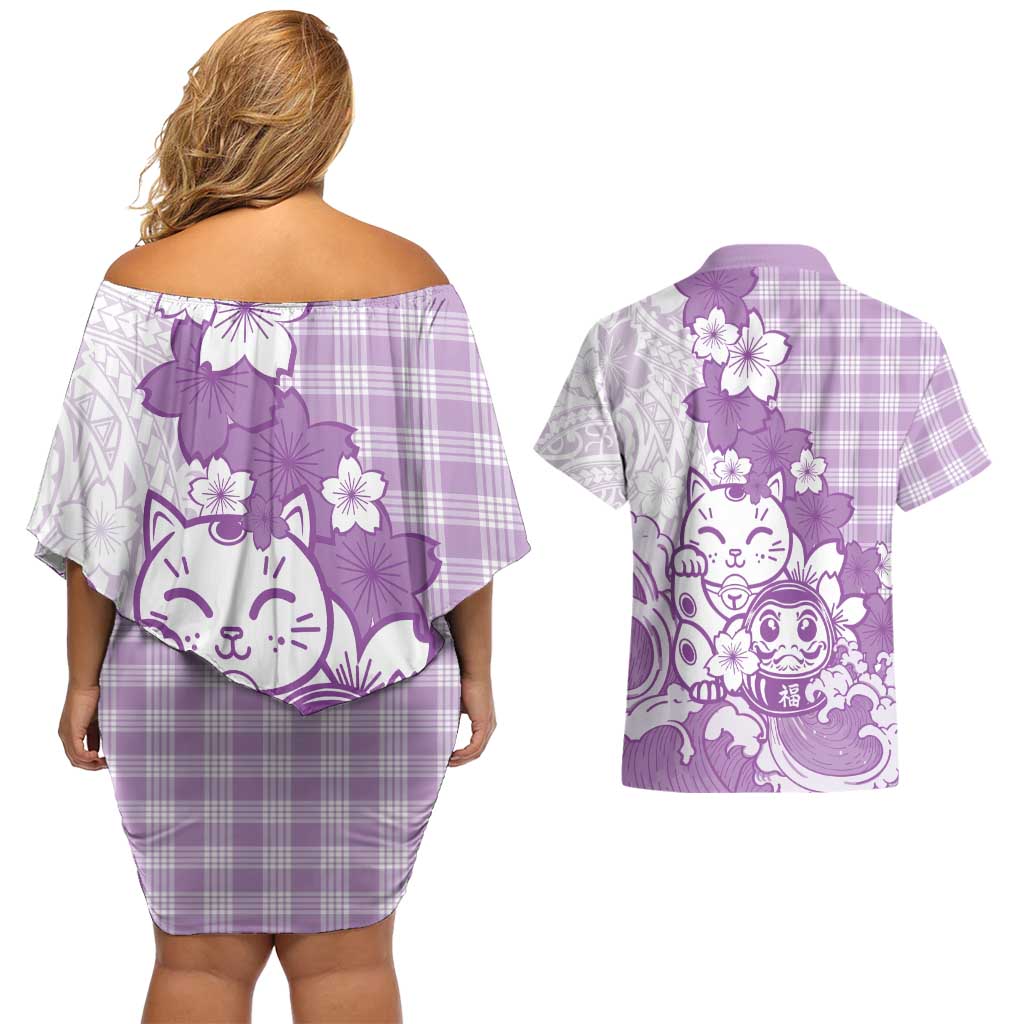 Purple Palaka Hawaiian And Japanese Couples Matching Off Shoulder Short Dress and Hawaiian Shirt Maneki Neko And Sakura Bloom