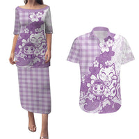 Purple Palaka Hawaiian And Japanese Couples Matching Puletasi and Hawaiian Shirt Maneki Neko And Sakura Bloom